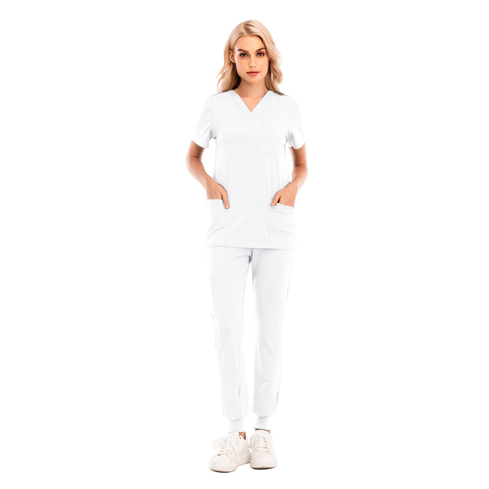 thumbnail image 2 of Conjunto de uniforme de enfermería de 2 piezas para mujer: top de manga corta con cuello en V + pantalones, poliéster, con bolsillo, verde/morado/blanco, tallas S-XXL, tallas asiáticas, 2 of 8
